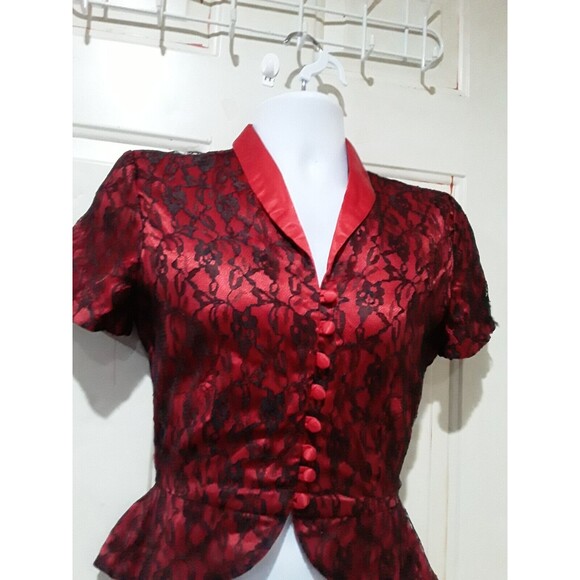 Vintage Blouse,Jolie Madame Top, Fitted Red Satin/ Black Lace, Goth, Steampunk - Picture 3 of 10